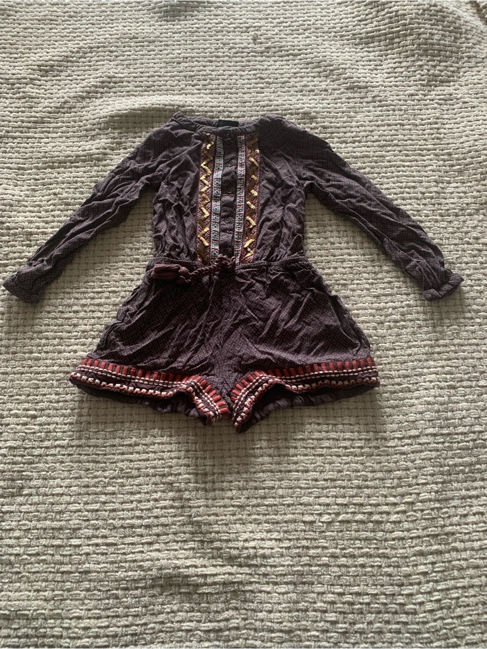 next Girls' Long-Sleeve Embroidered One-Piece Romper - Dark Brown with Rust Trim